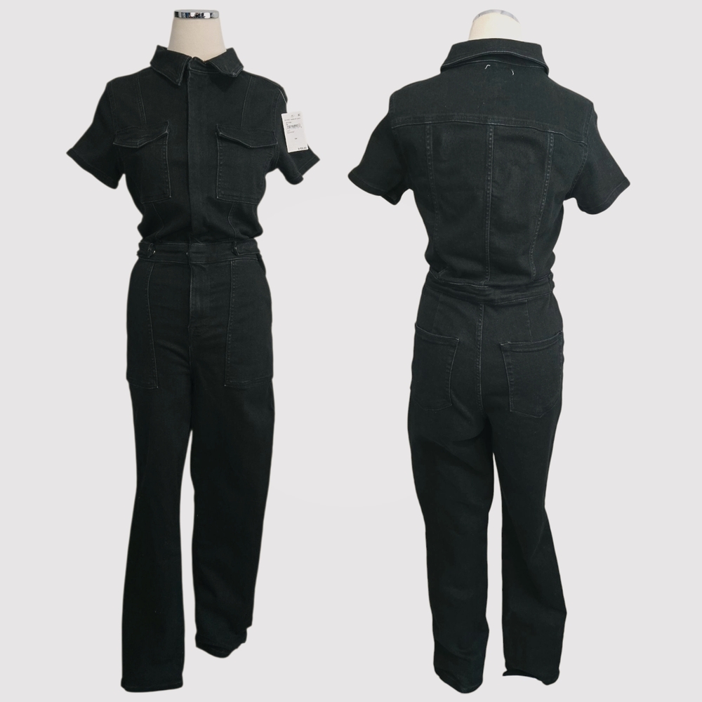 Good American Fit For Success Jumpsuit Black Denim Cargo Utility Zip Sz Med/2